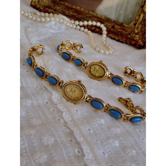 Gold And Blue French Vintage Style Unique Dainty Women’s Oval Wrist Watch Gift